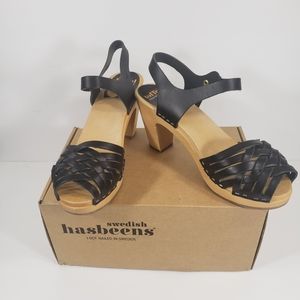 Swedish Hasbeens Sky High Platform Sandals Braided Leather Wooden Sole Black 10